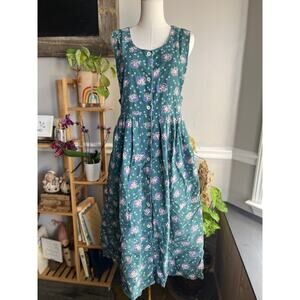 Vintage 90s Green and Purple Floral Corduroy Pinafore Button Down Dress Size 8